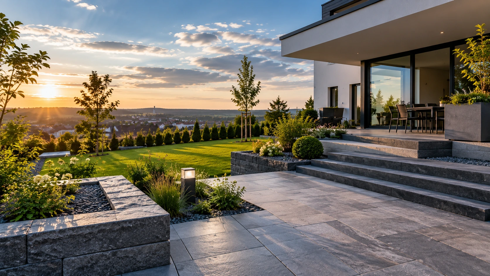 Illustrative Darstellung eines gepflegten modernen Gartens mit Terrasse und Außenanlage